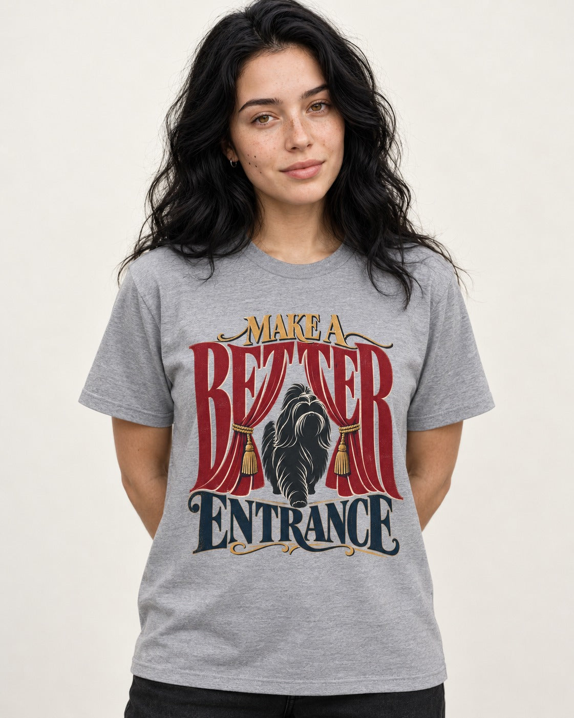 A Better Shih Tzu Entrance T-Shirt in Sport Grey, worn by a model
