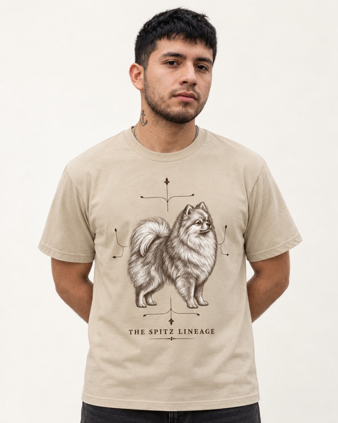 Pomeranian Spitz Lineage T-Shirt in Sand, worn by a model