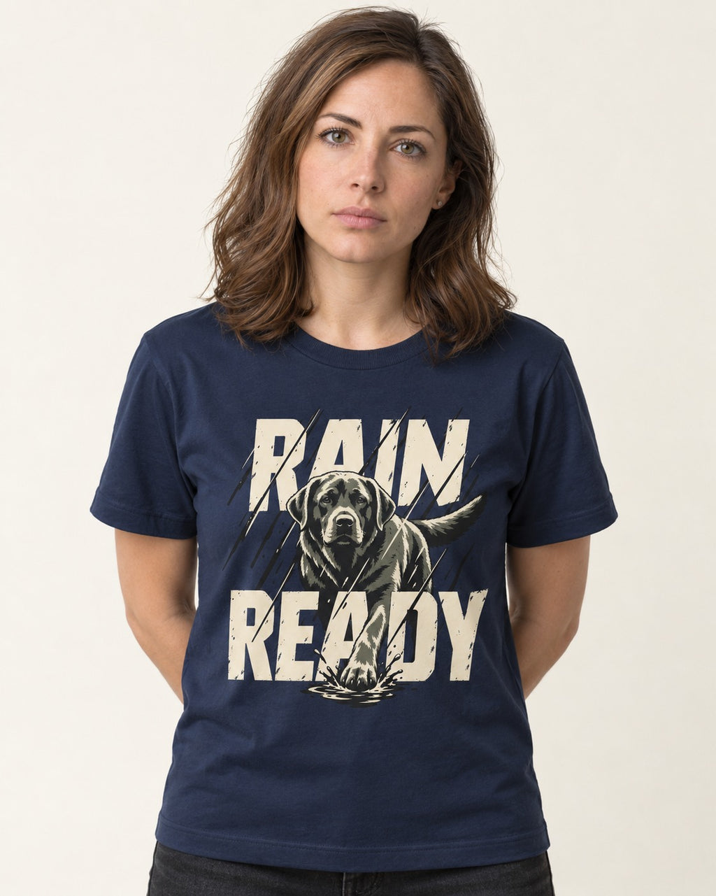 Labrador Retriever Rain Ready Charging Splash Graphic T-Shirt in Navy, worn by a model