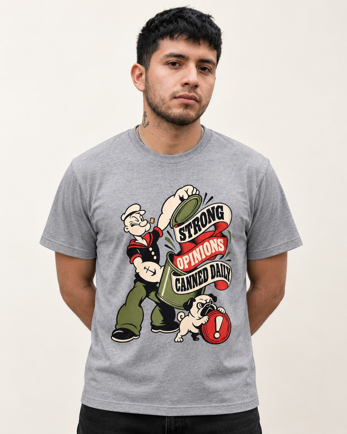 Pug Strong Opinions T-Shirt in Sport Grey, worn by a model