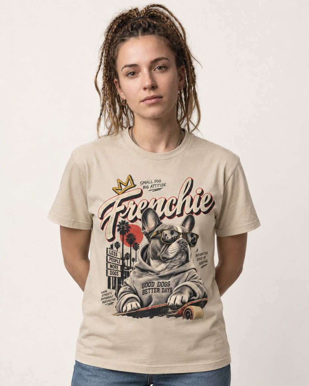 Frenchie Better Days T-Shirt in Sand, worn by a model