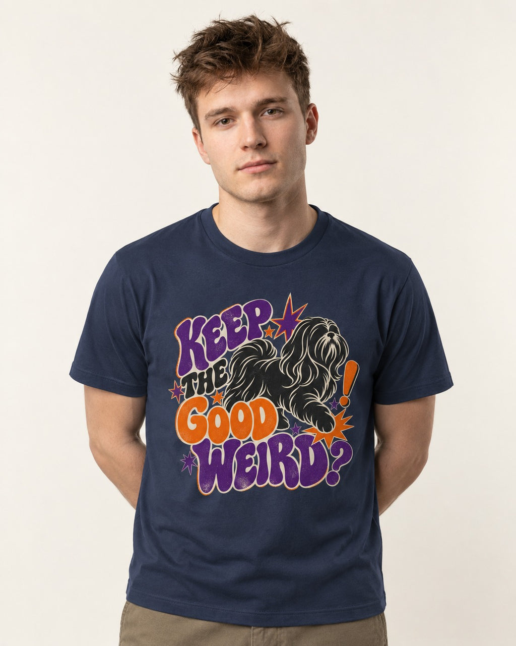 Shih Tzu Keep the Good Weird Retro Typography Graphic T-Shirt in Navy, worn by a model