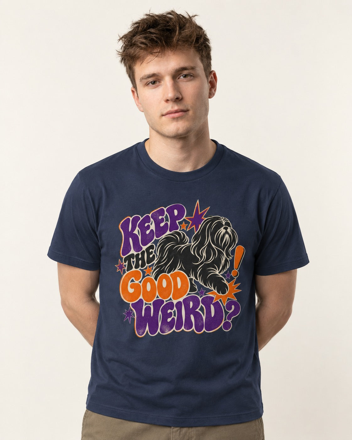 Shih Tzu Keep the Good Weird Retro Typography Graphic T-Shirt in Navy, worn by a model
