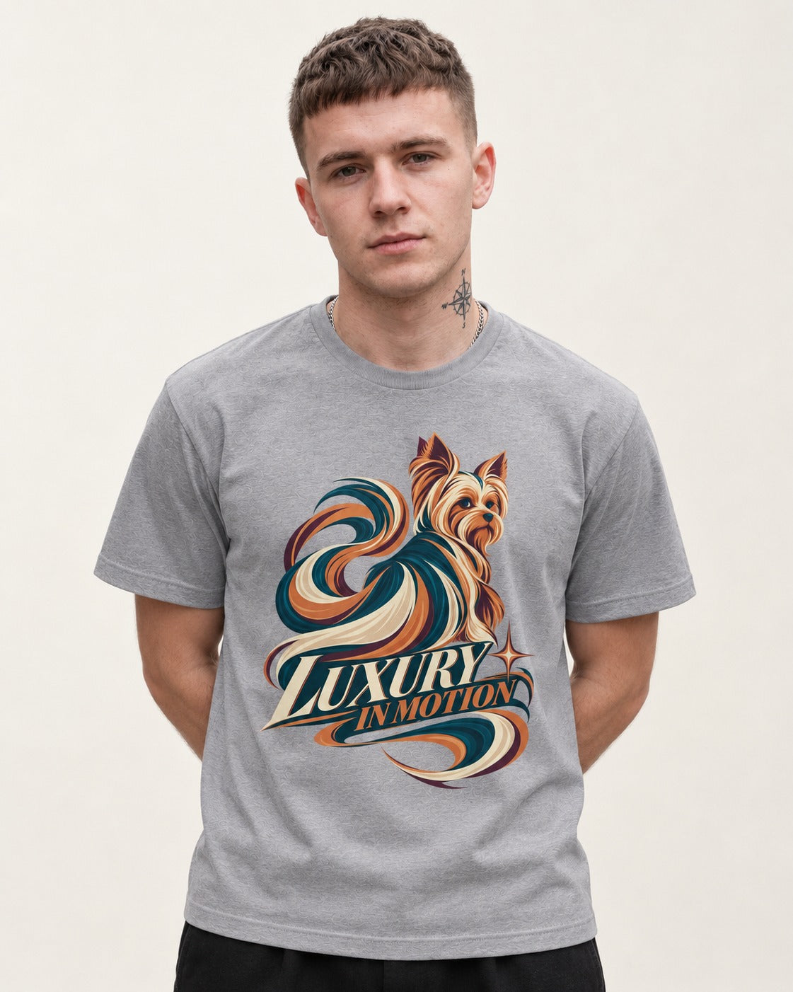 Yorkshire Terrier Luxury in Motion T-Shirt in Sport Grey, worn by a model