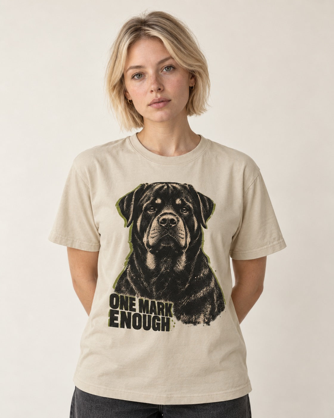 Rottweiler One Mark Enough T-Shirt in Sand, worn by a model
