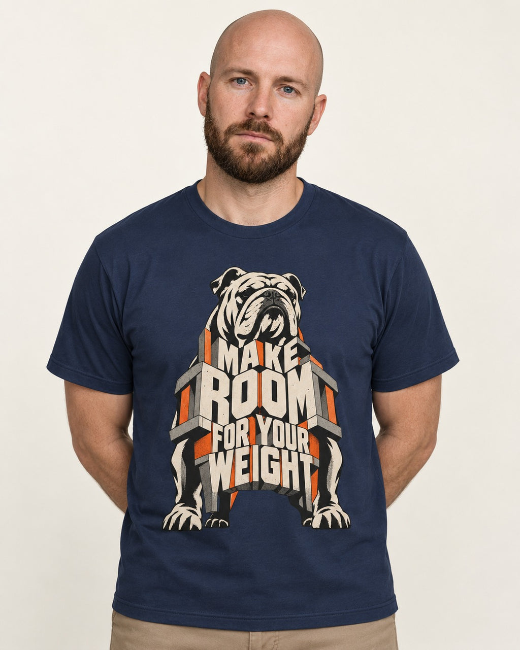 English Bulldog Make Room for Your Weight Dimensional Typography T-Shirt in Navy, worn by a model