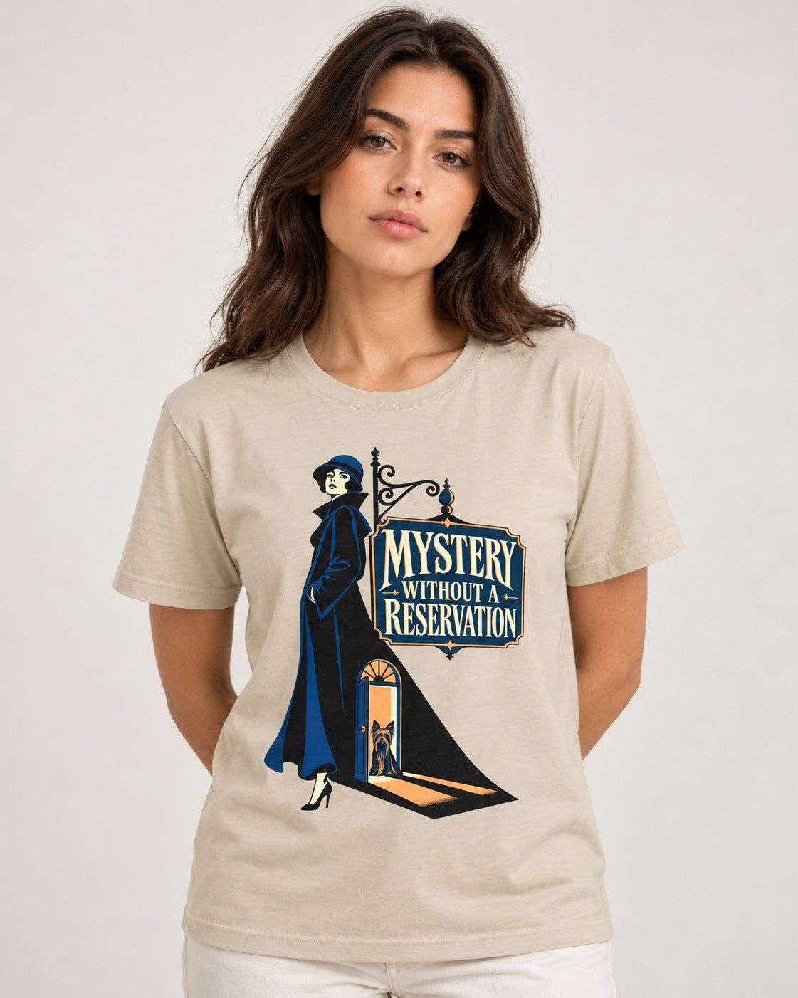 Mystery Without a Reservation Yorkshire Terrier T-Shirt in Sand, worn by a model