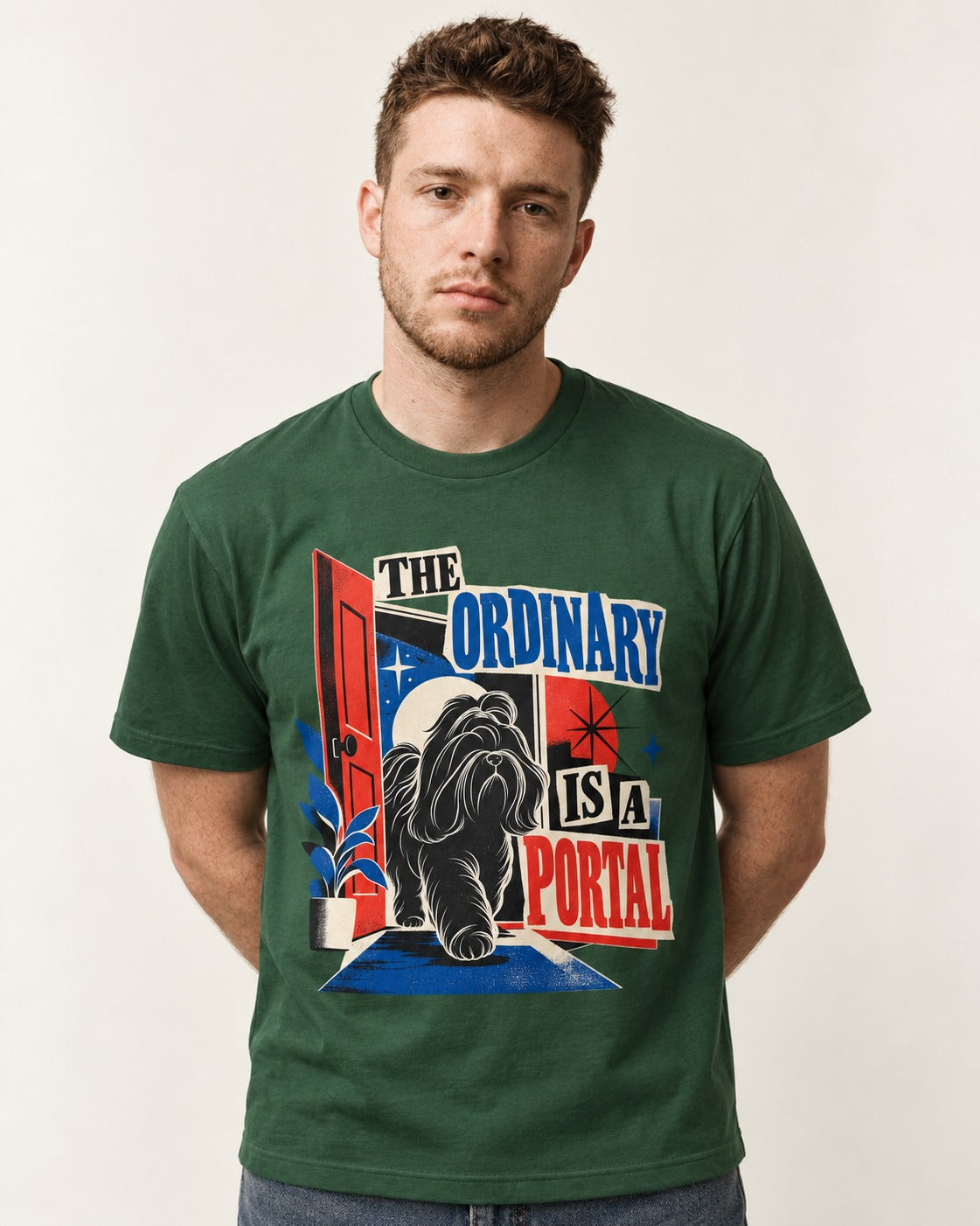 Shih Tzu The Ordinary Is a Portal Door Graphic T-Shirt in Forest Green, worn by a model
