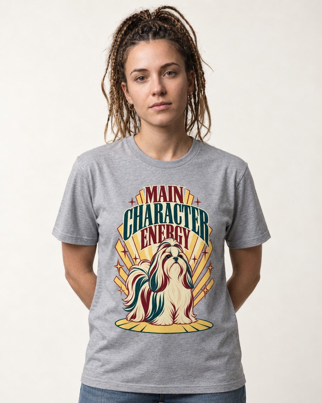 Shih Tzu Main Character Energy Art Deco Graphic T-Shirt in Sport Grey, worn by a model