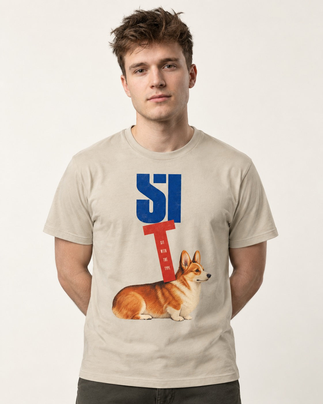 Sit with the Corgi T-Shirt in Sand, worn by a model
