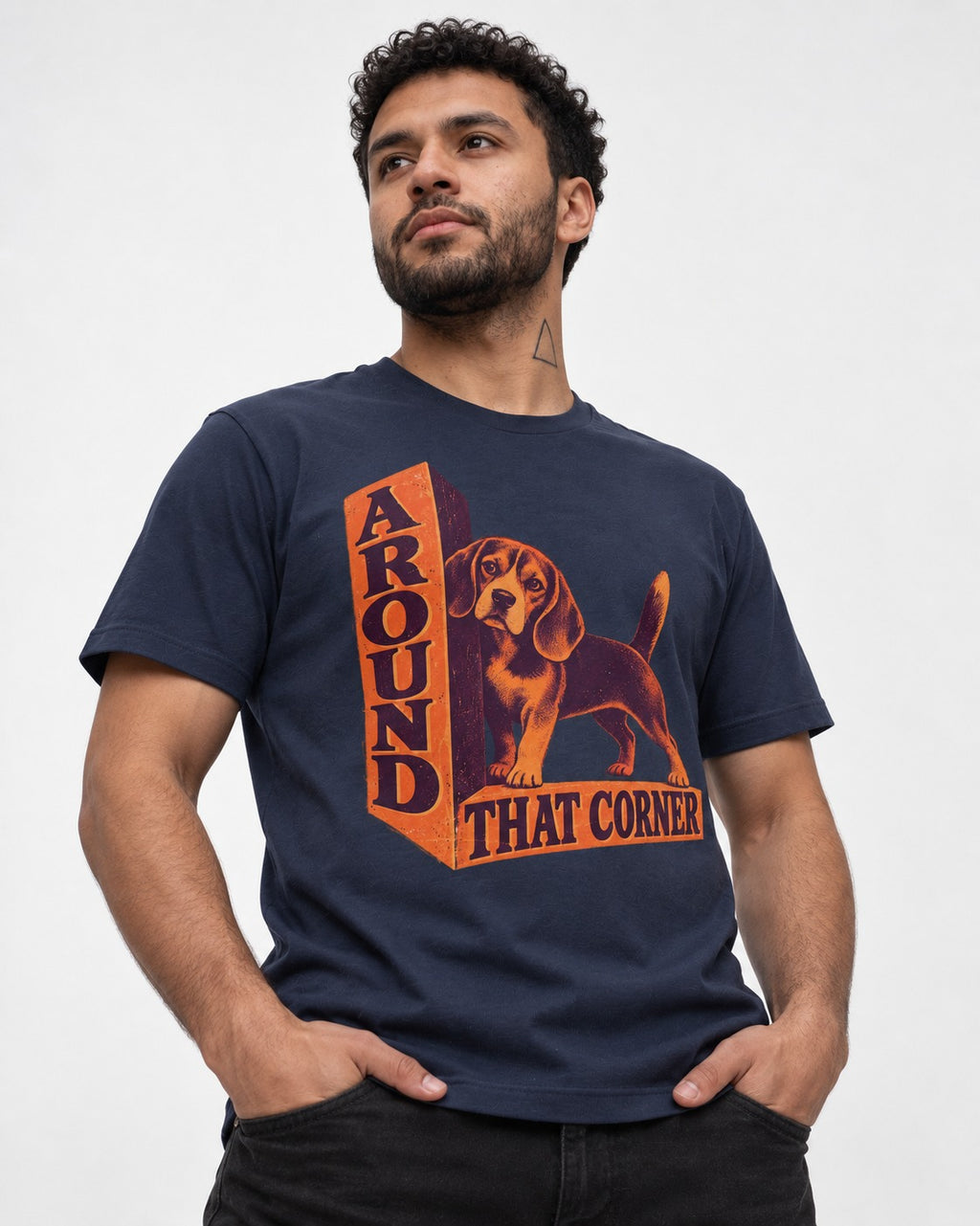 Beagle Around That Corner Graphic T-Shirt in Navy, worn by a model