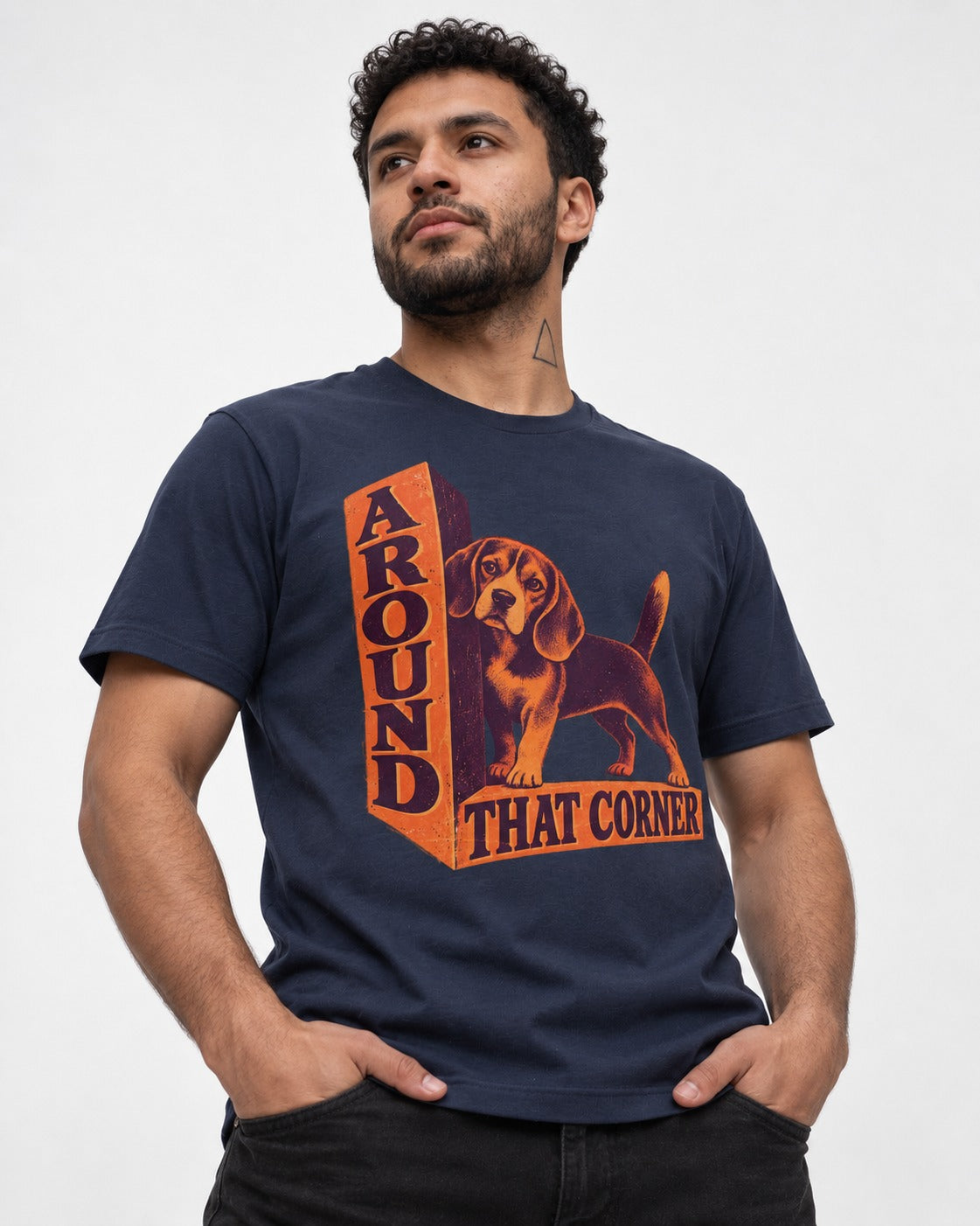 Beagle Around That Corner Graphic T-Shirt in Navy, worn by a model