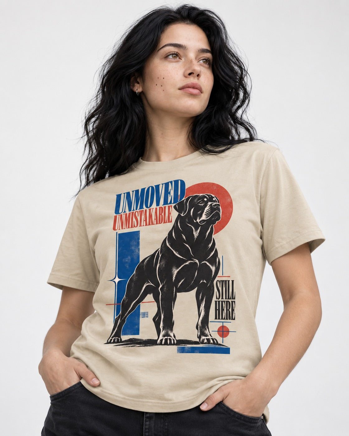 Unmoved Unmistakable Rottweiler T-Shirt in Sand, worn by a model