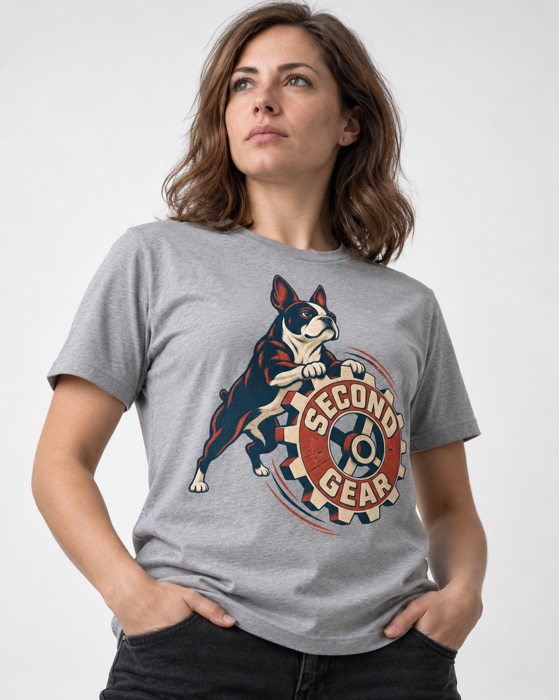 Second Gear Boston Terrier Graphic T-Shirt in Sport Grey, worn by a model
