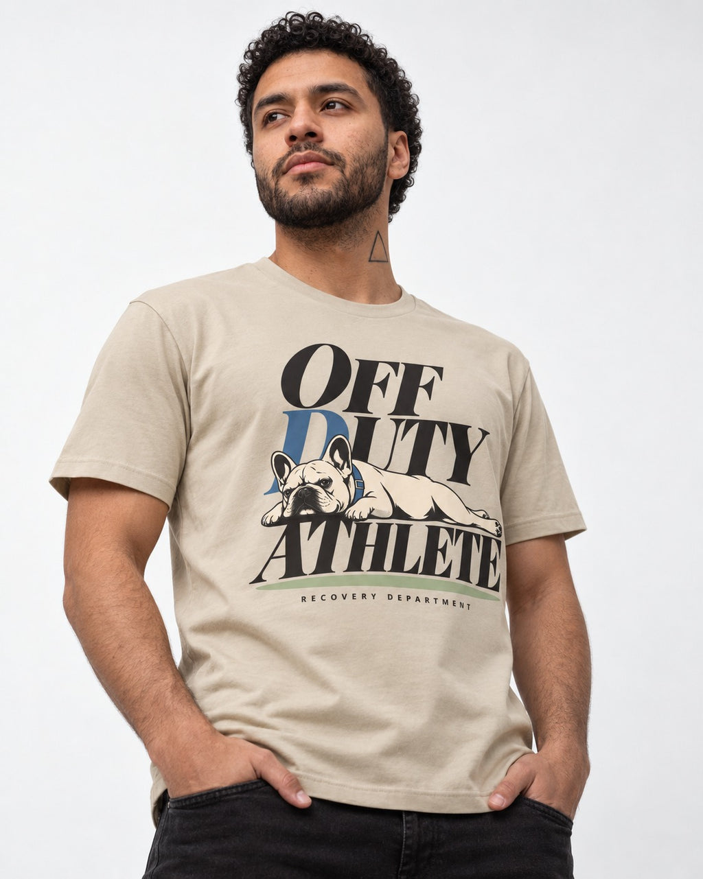 Off Duty Athlete Frenchie T-Shirt in Sand, worn by a model