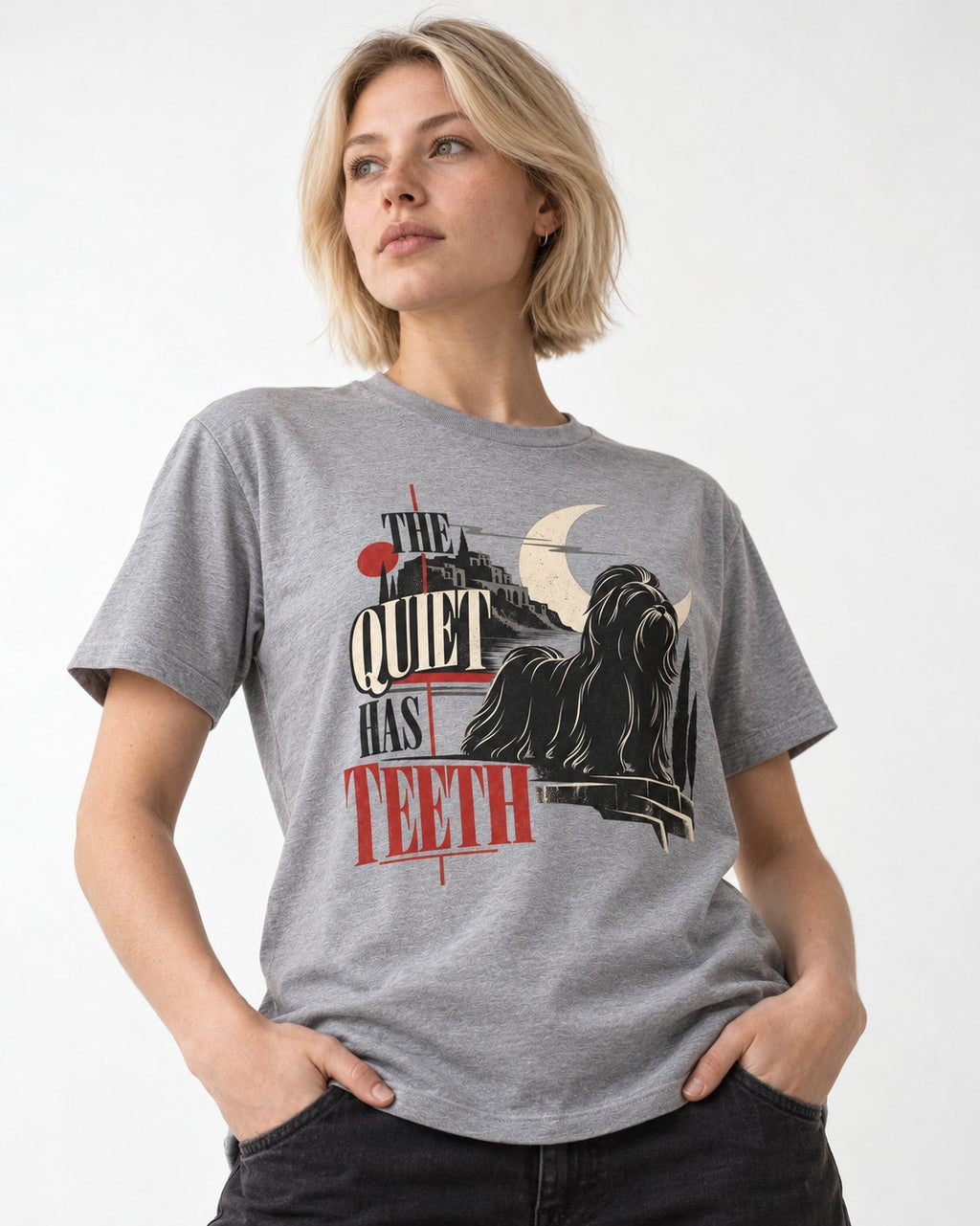 The Quiet Shih Tzu Has Teeth T-Shirt in Sport Grey, worn by a model