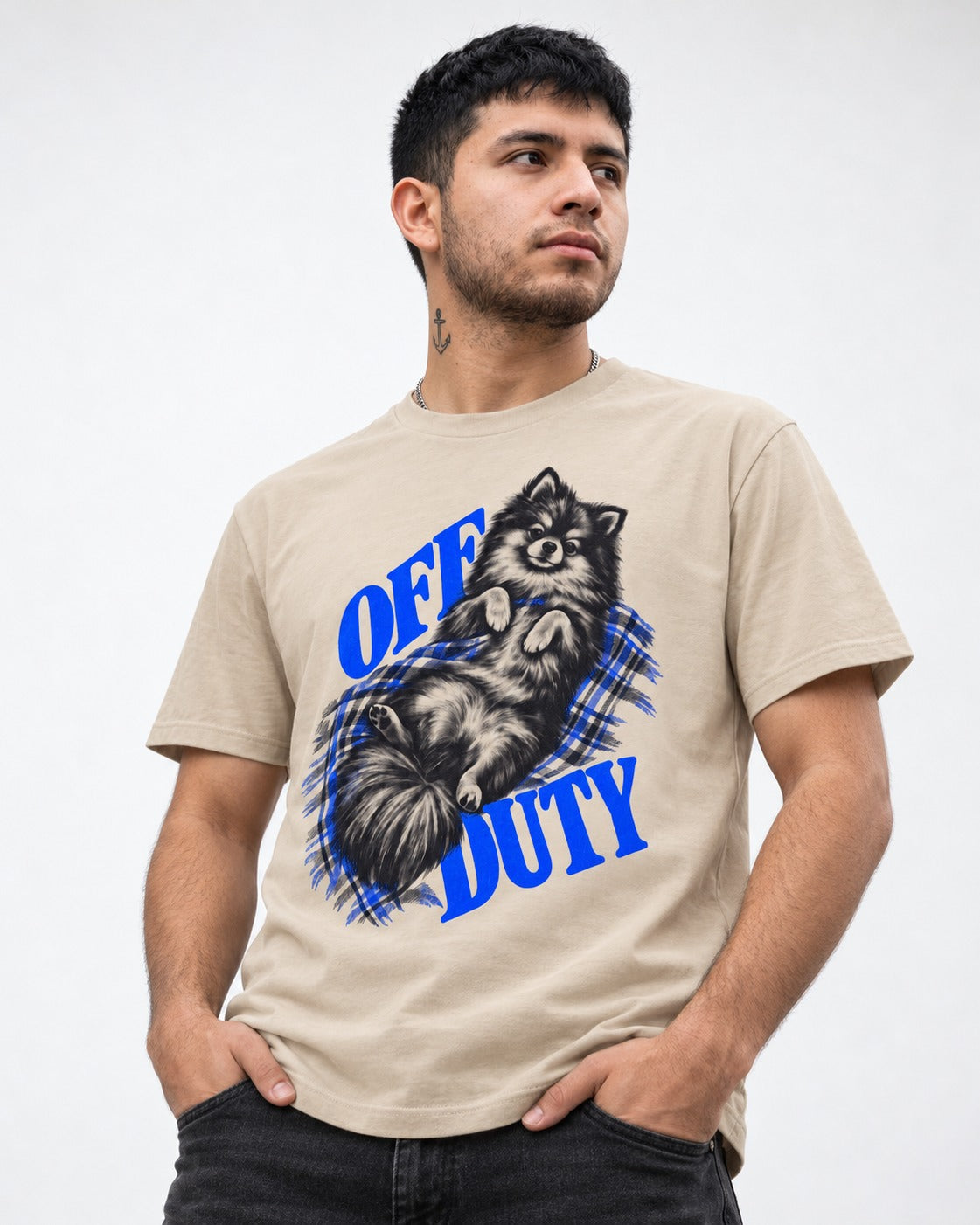Off Duty Pomeranian T-Shirt in Sand, worn by a model