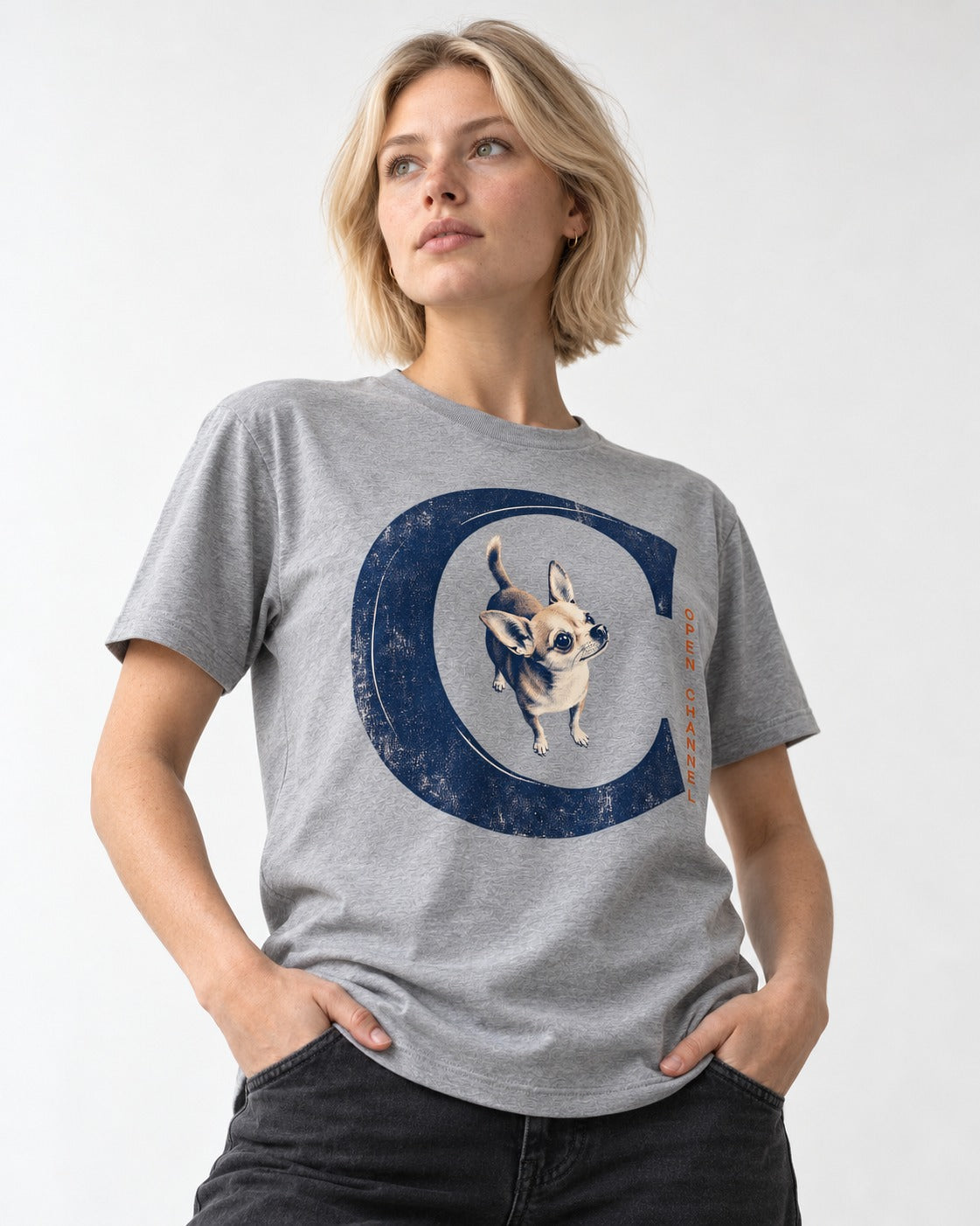 Chihuahua Open Channel T-Shirt in Sport Grey, worn by a model