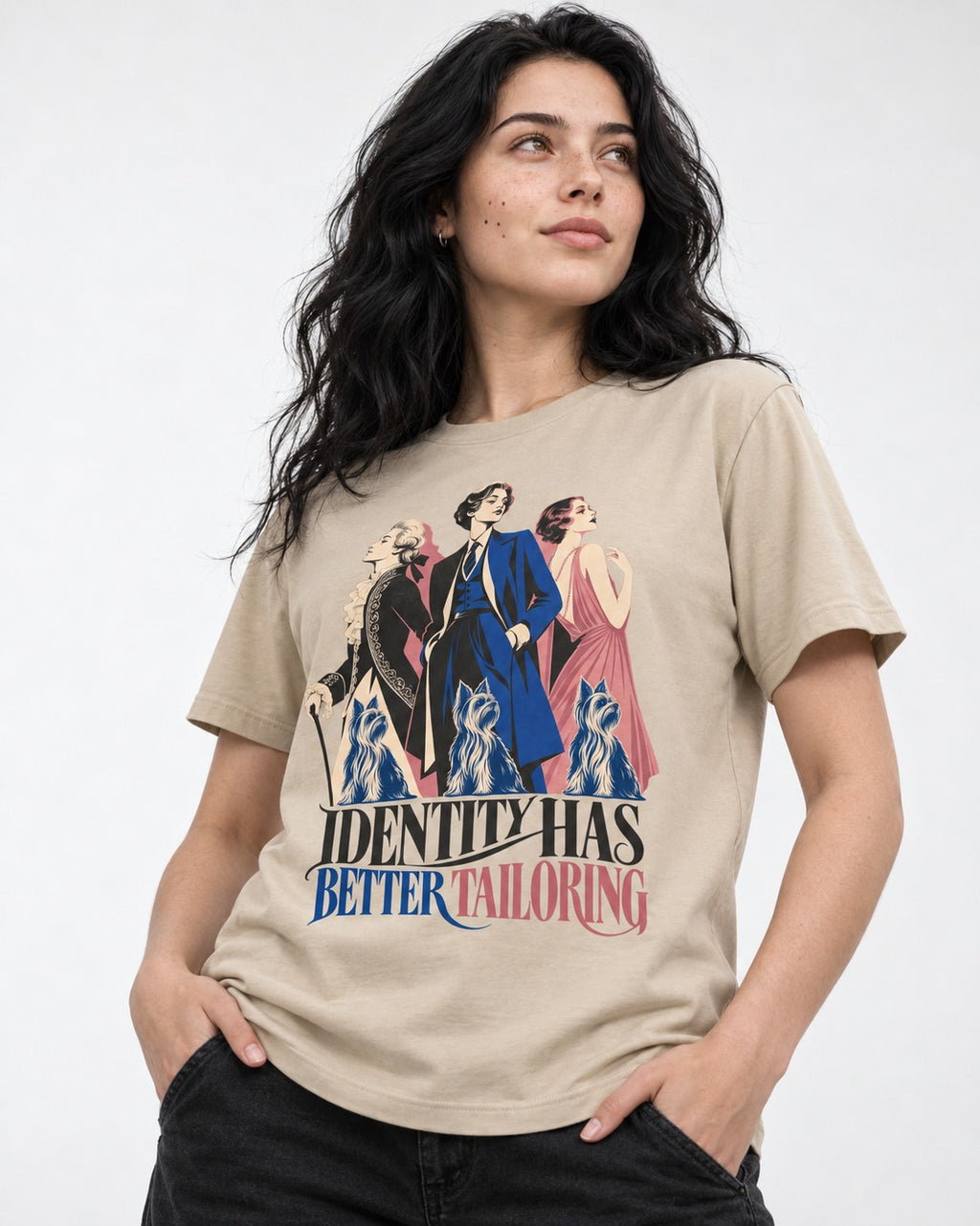 Yorkshire Terrier Identity Has Better Tailoring T-Shirt in Sand, worn by a model