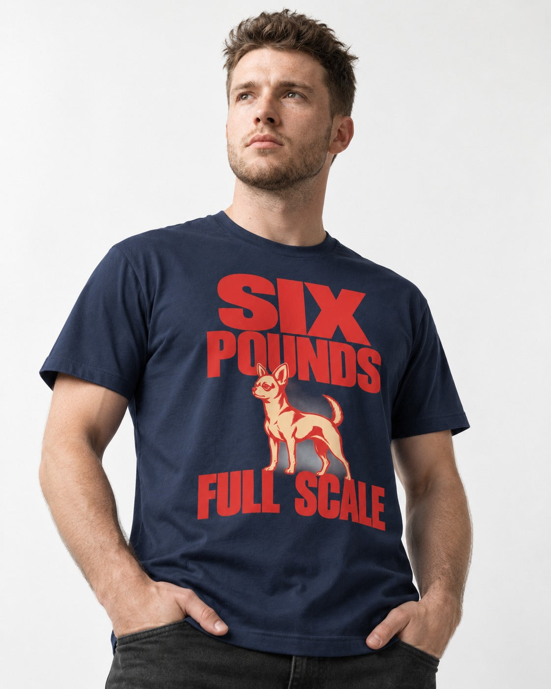 Chihuahua Six Pounds Full Scale Typographic Graphic T-Shirt in Navy, worn by a model
