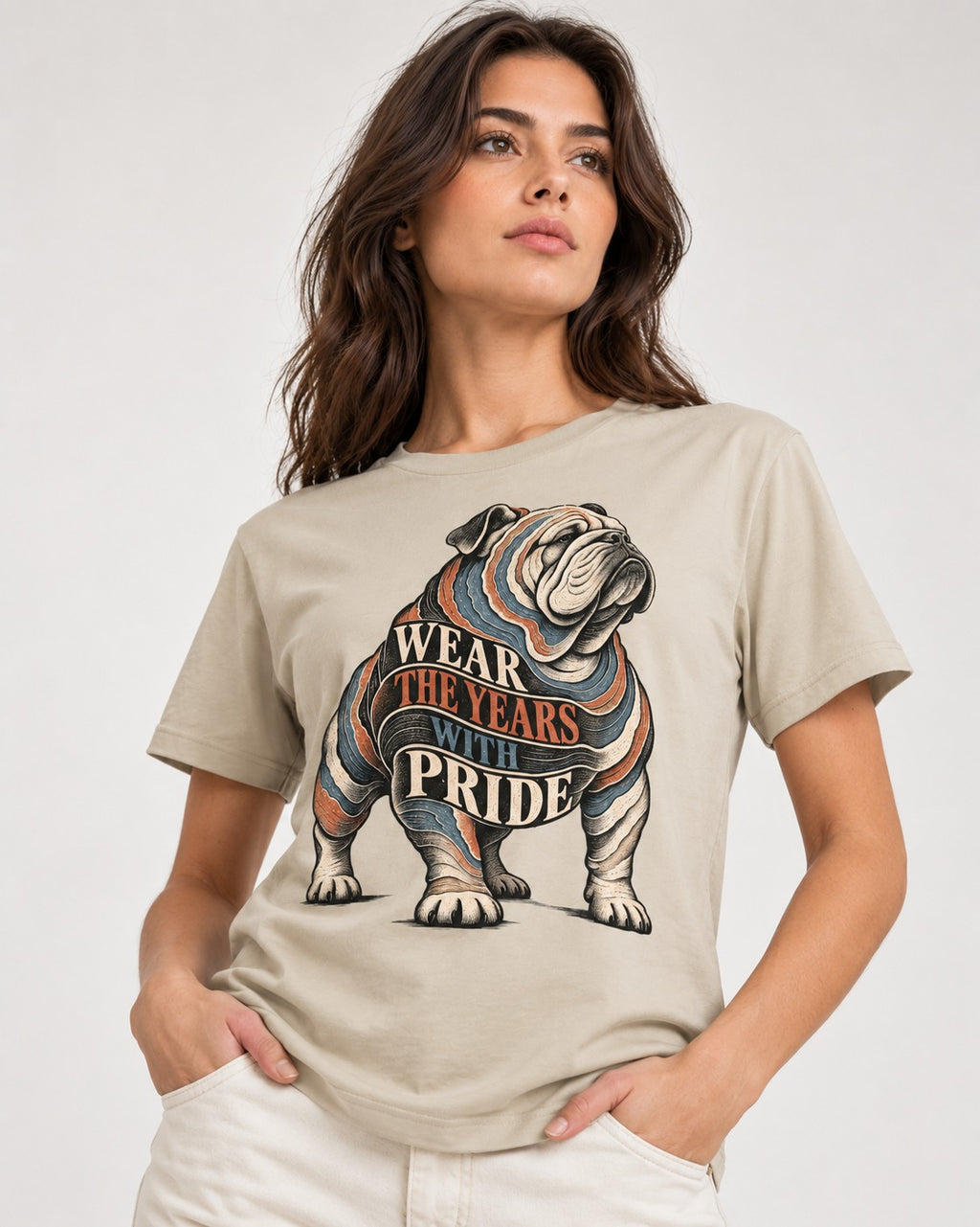 English Bulldog Wear the Years T-Shirt in Sand, worn by a model