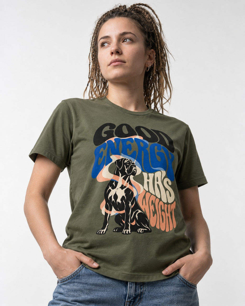 Good Energy Has Weight Boxer Retro Typography T-Shirt in Heather Military Green, worn by a model