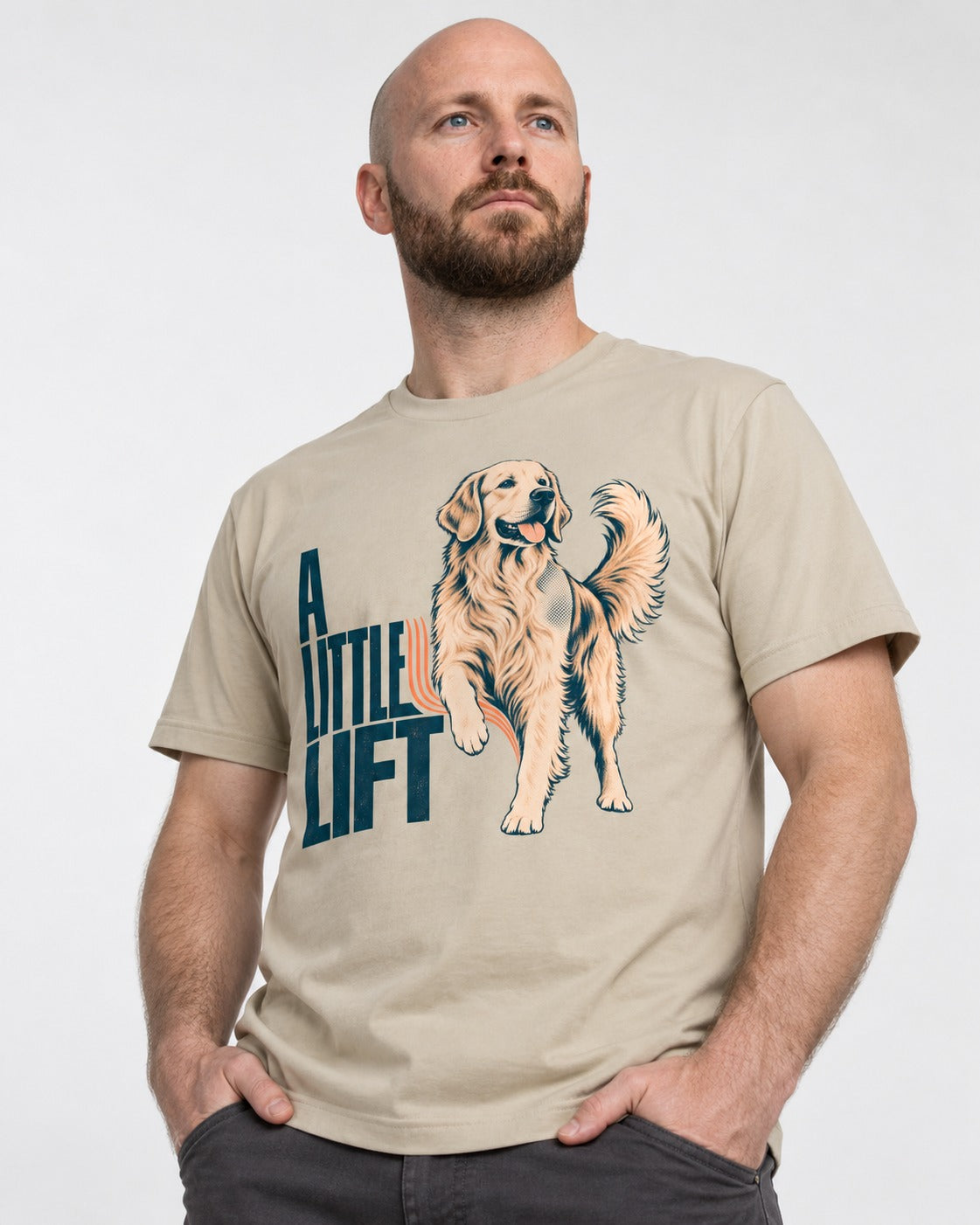 A Little Lift Golden Retriever T-Shirt in Sand, worn by a model