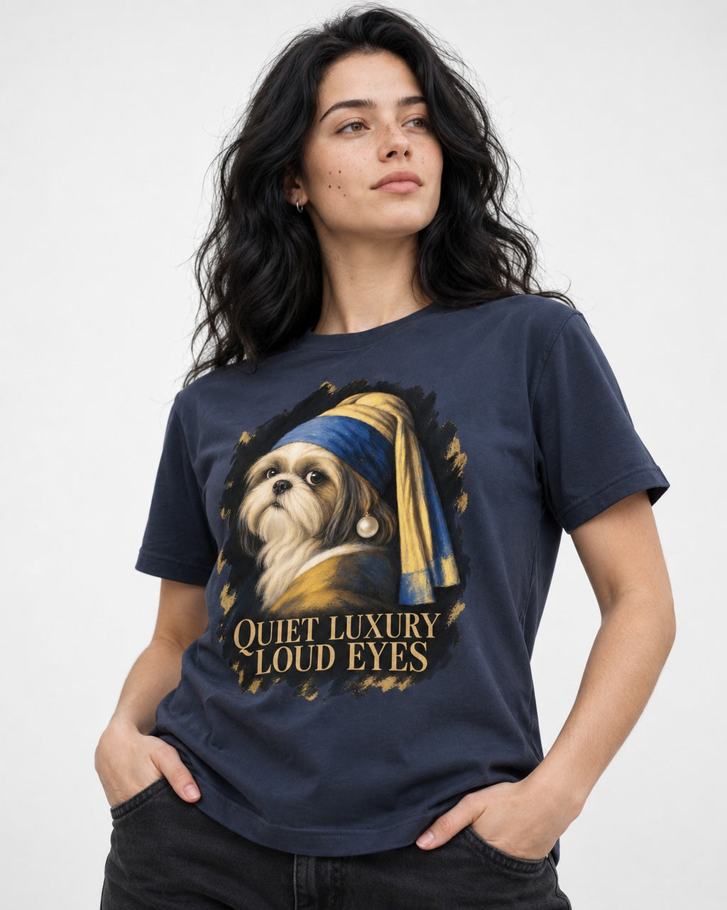 Shih Tzu Quiet Luxury Loud Eyes Pearl Portrait Graphic T-Shirt in Navy, worn by a model