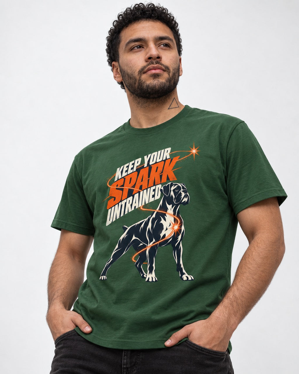 Boxer Keep Your Spark Untrained T-Shirt in Forest Green, worn by a model