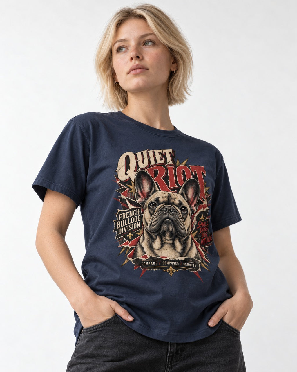 Frenchie Quiet Riot Division Emblem T-Shirt in Navy, worn by a model