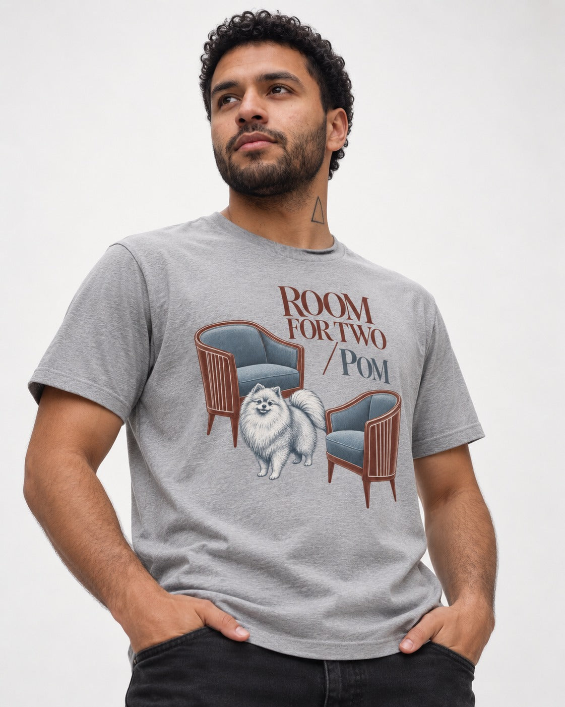 Room for Two with Pomeranian T-Shirt in Sport Grey, worn by a model