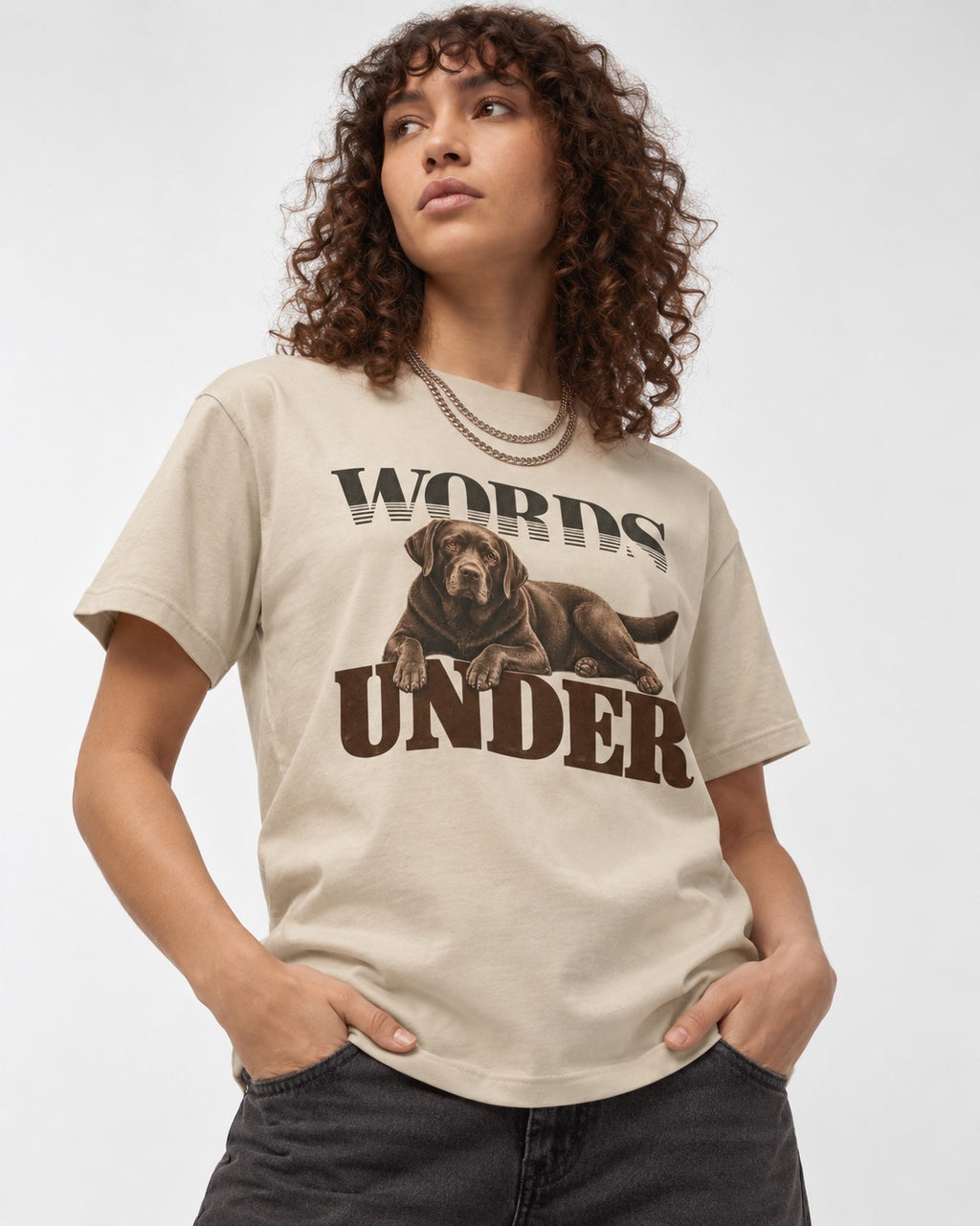 Words Under Labrador Retriever T-Shirt in Sand, worn by a model