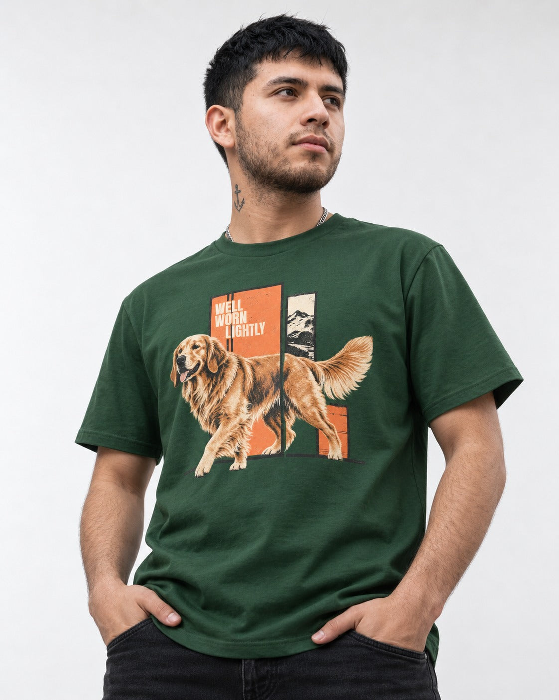 Golden Retriever Well Worn Lightly Mountain Graphic T-Shirt in Forest Green, worn by a model