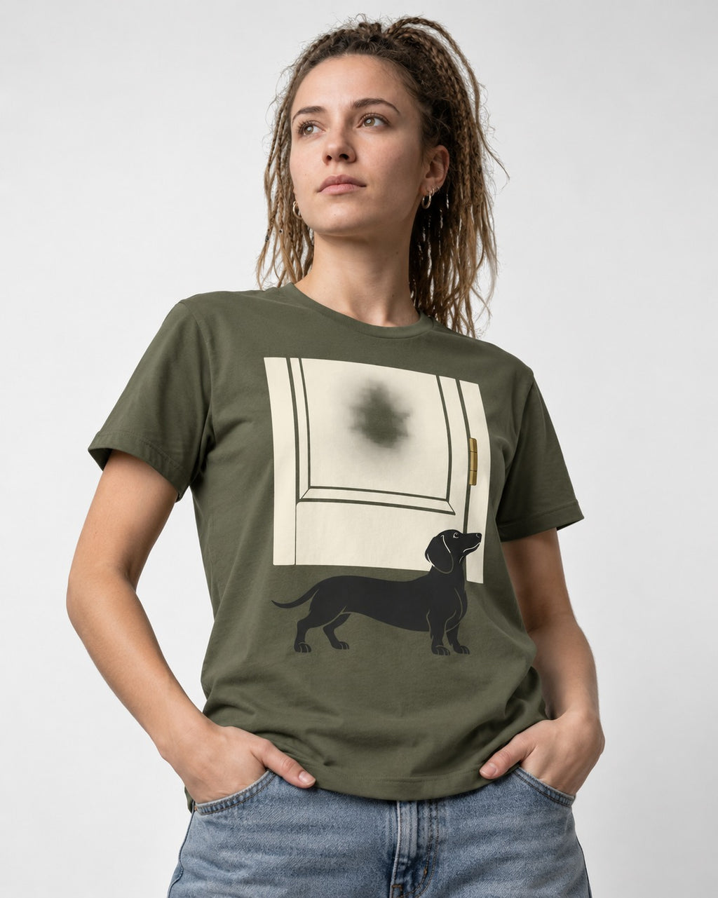 Dachshund Frosted Door Sentinel Graphic T-Shirt in Heather Military Green, worn by a model