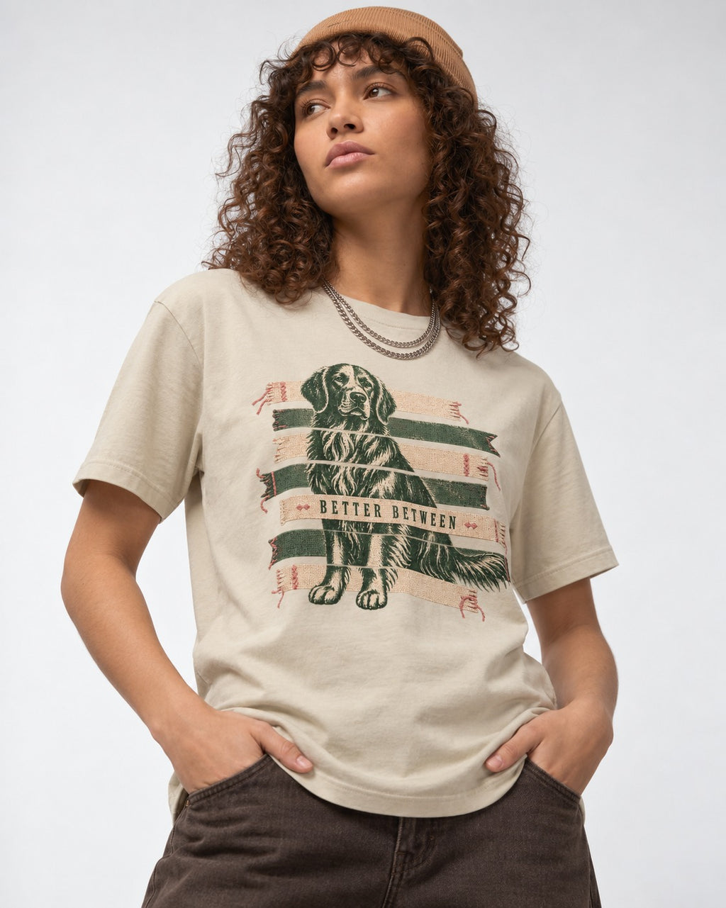 Golden Retriever Better Between T-Shirt in Sand, worn by a model
