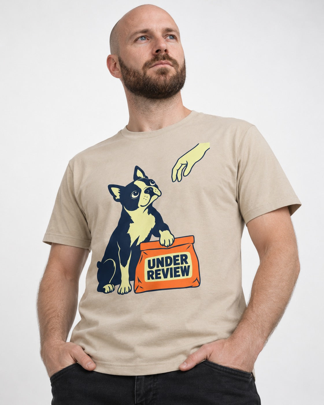 Boston Terrier Under Review T-Shirt in Sand, worn by a model