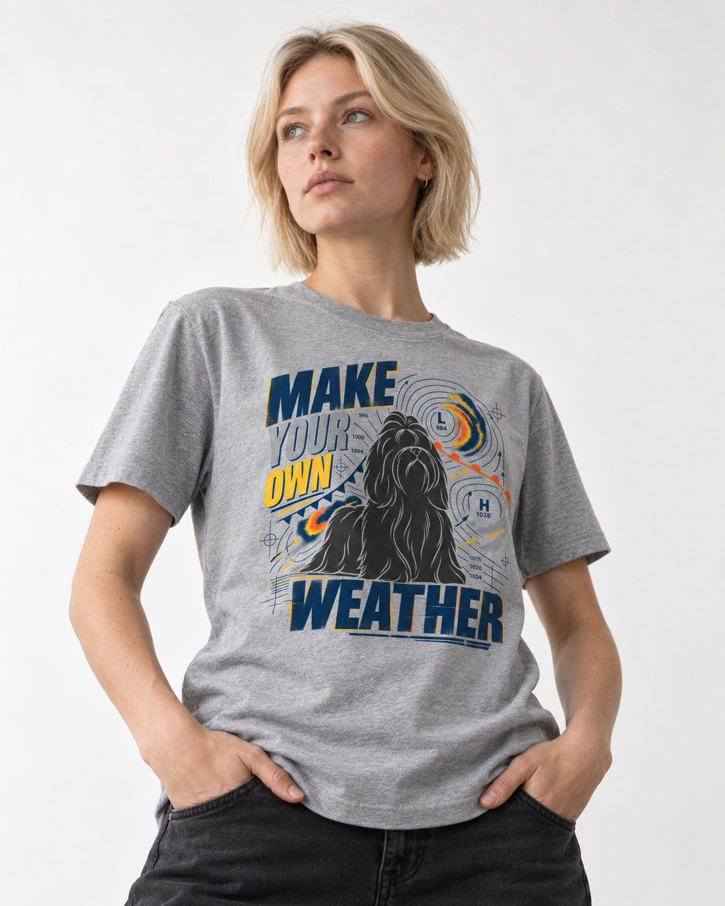 Shih Tzu Make Your Own Weather T-Shirt in Sport Grey, worn by a model