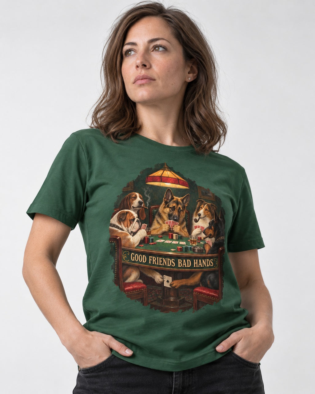 German Shepherd Dog Good Friends Bad Hands Poker Graphic T-Shirt in Forest Green, worn by a model
