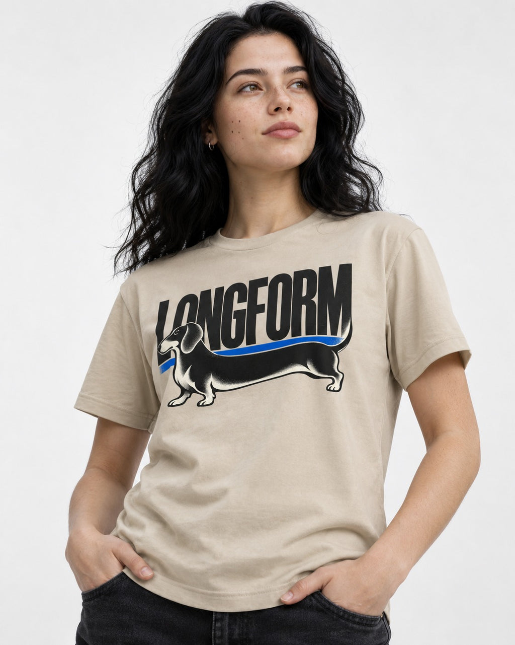 Longform Dachshund T-Shirt in Sand, worn by a model