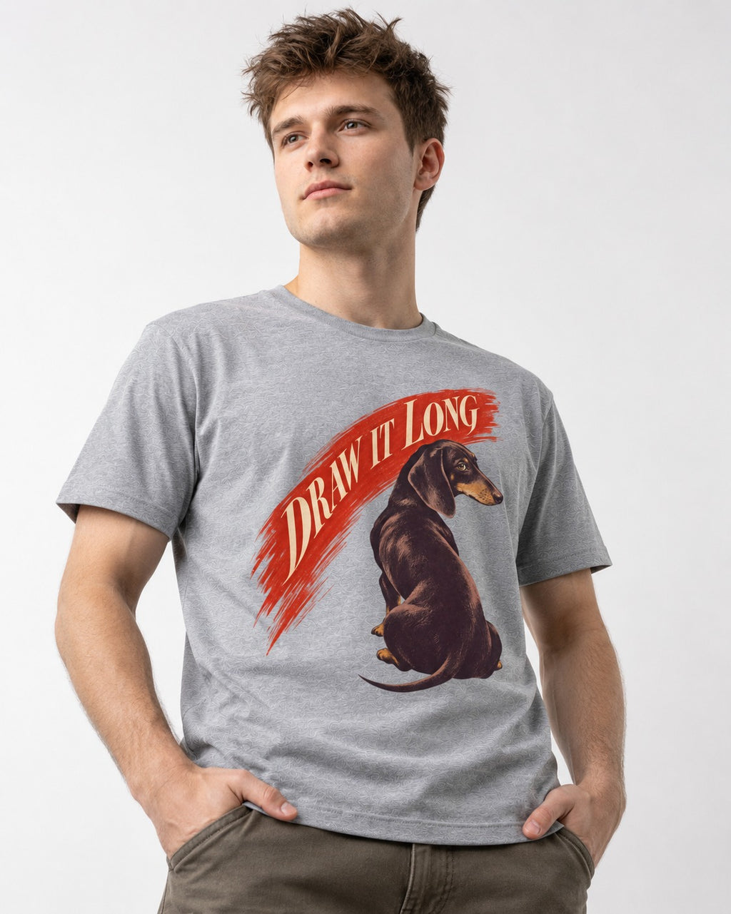Draw It Long Dachshund T-Shirt in Sport Grey, worn by a model