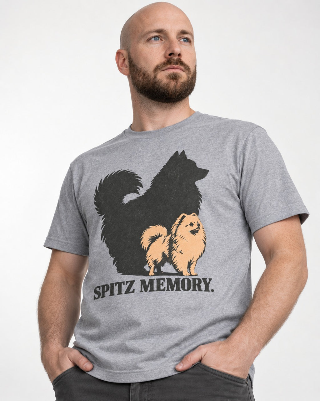 Pomeranian Spitz Memory T-Shirt in Sport Grey, worn by a model