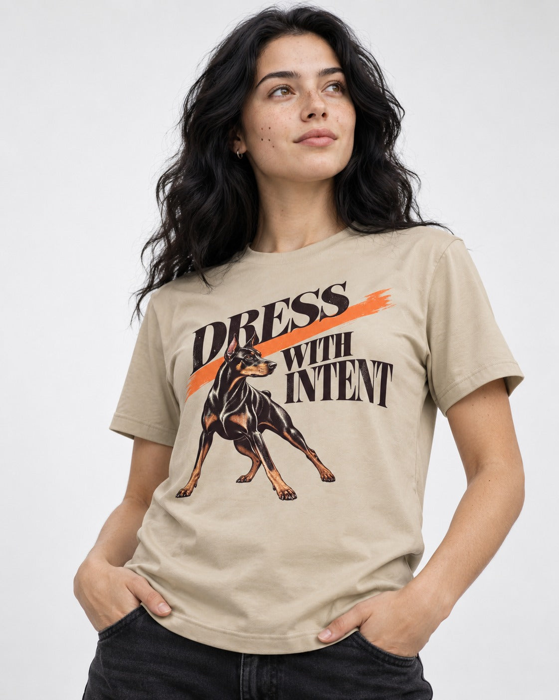 Doberman Dress with Intent T-Shirt in Sand, worn by a model