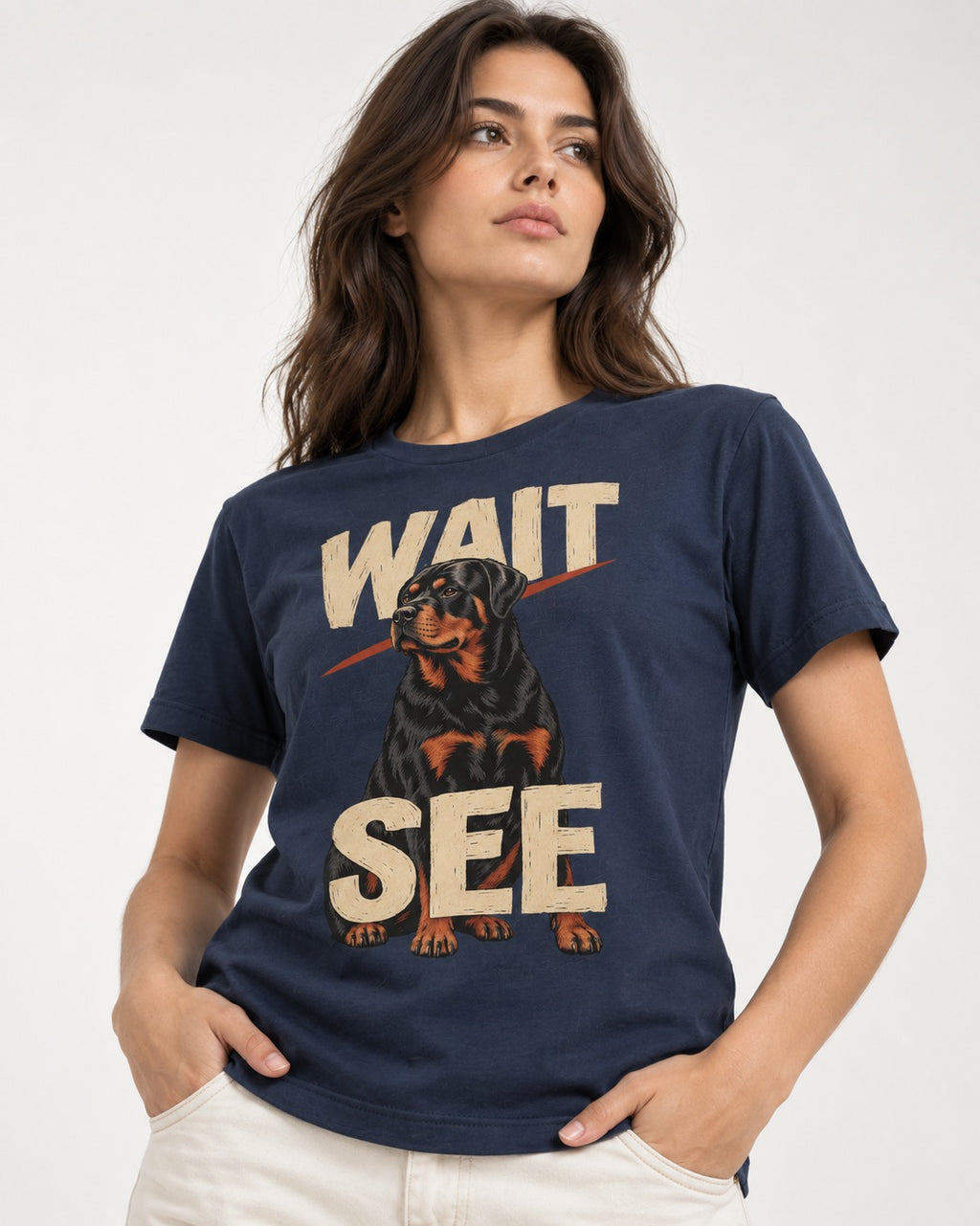 Wait See Rottweiler Seated Slash Graphic T-Shirt in Navy, worn by a model