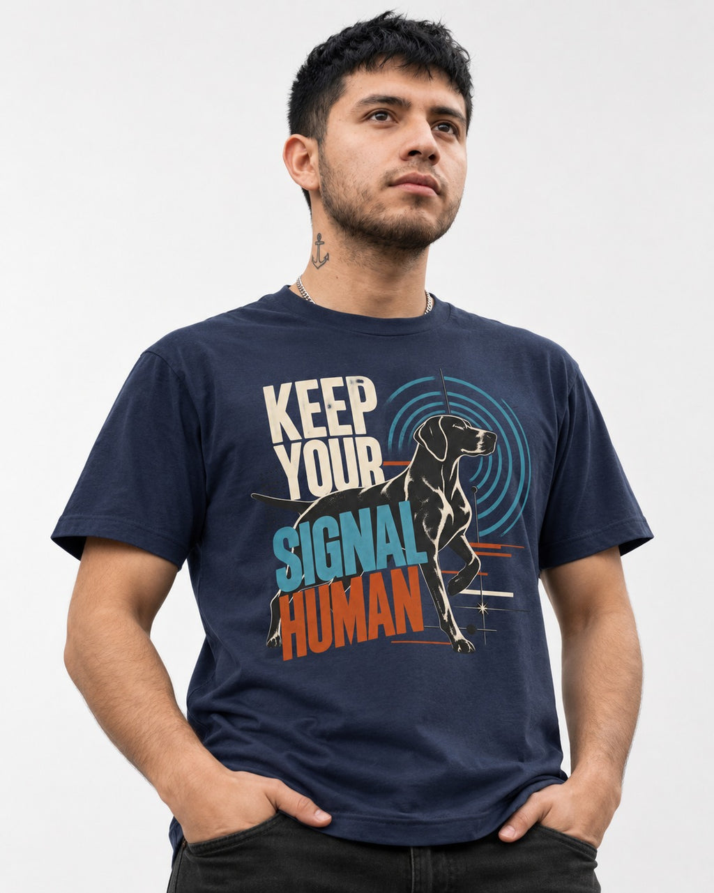 German Shorthaired Pointer Keep Your Signal Human Broadcast Graphic T-Shirt in Navy, worn by a model