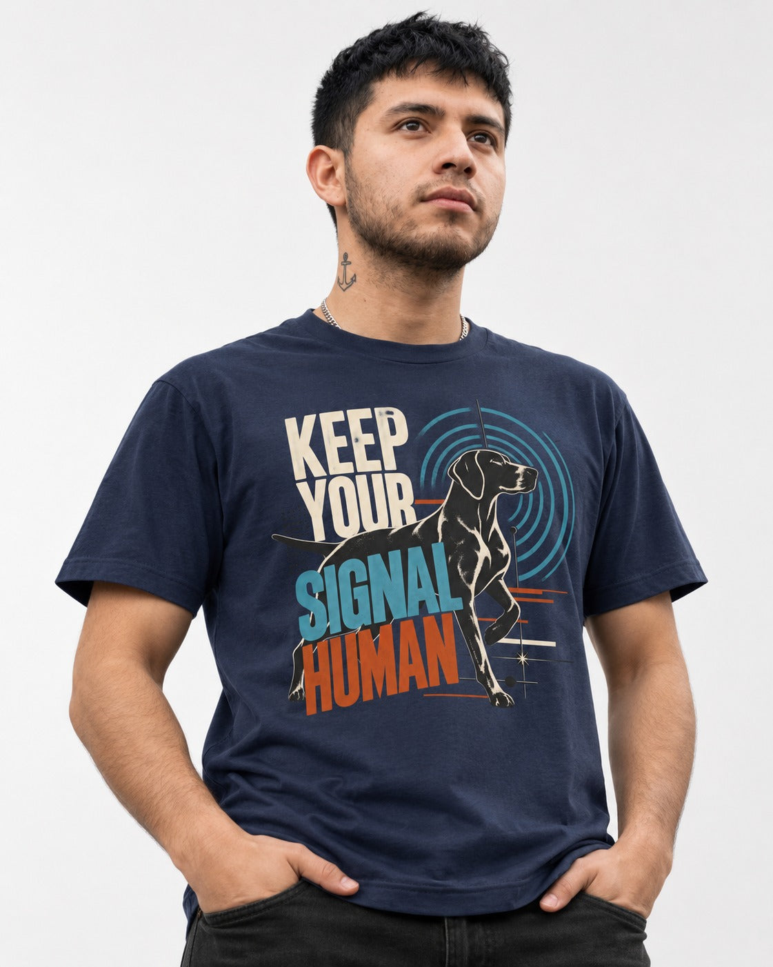 German Shorthaired Pointer Keep Your Signal Human Broadcast Graphic T-Shirt in Navy, worn by a model