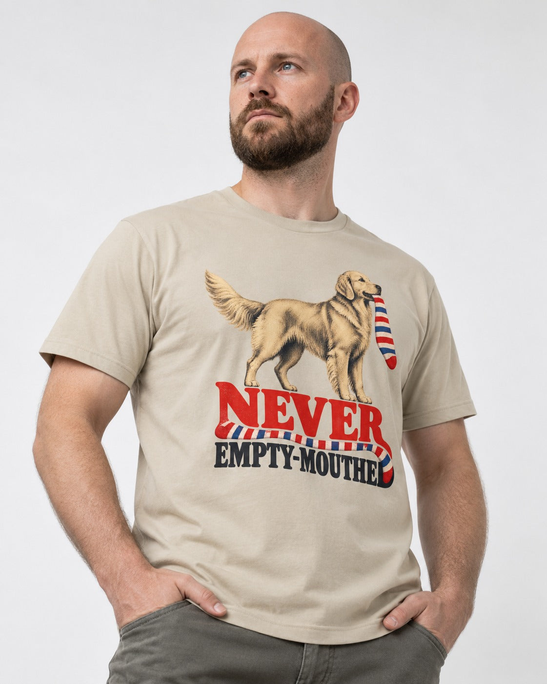 Never Empty Mouthed Golden Retriever T-Shirt in Sand, worn by a model