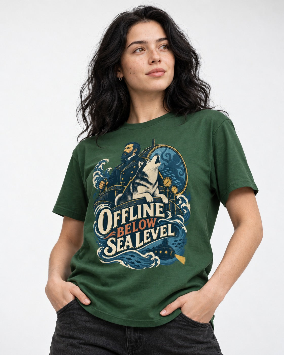 Husky Offline Below Sea Level Nautical Submarine Graphic T-Shirt in Forest Green, worn by a model