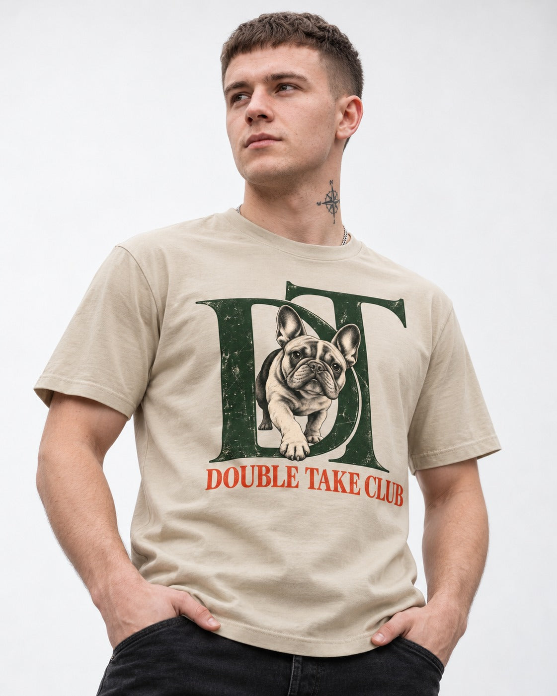 Frenchie Double Take Club T-Shirt in Sand, worn by a model