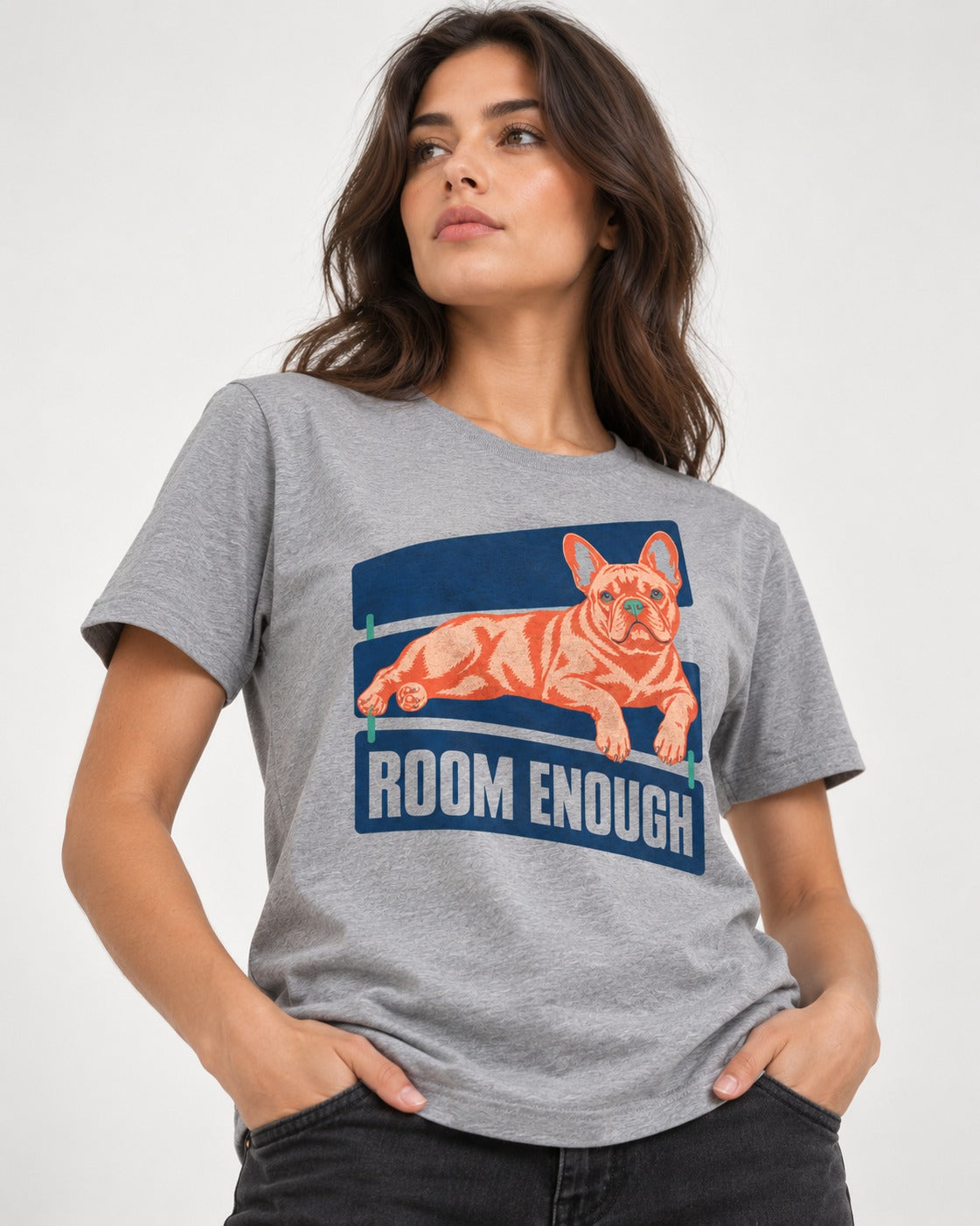 Room Enough for Frenchie T-Shirt in Sport Grey, worn by a model