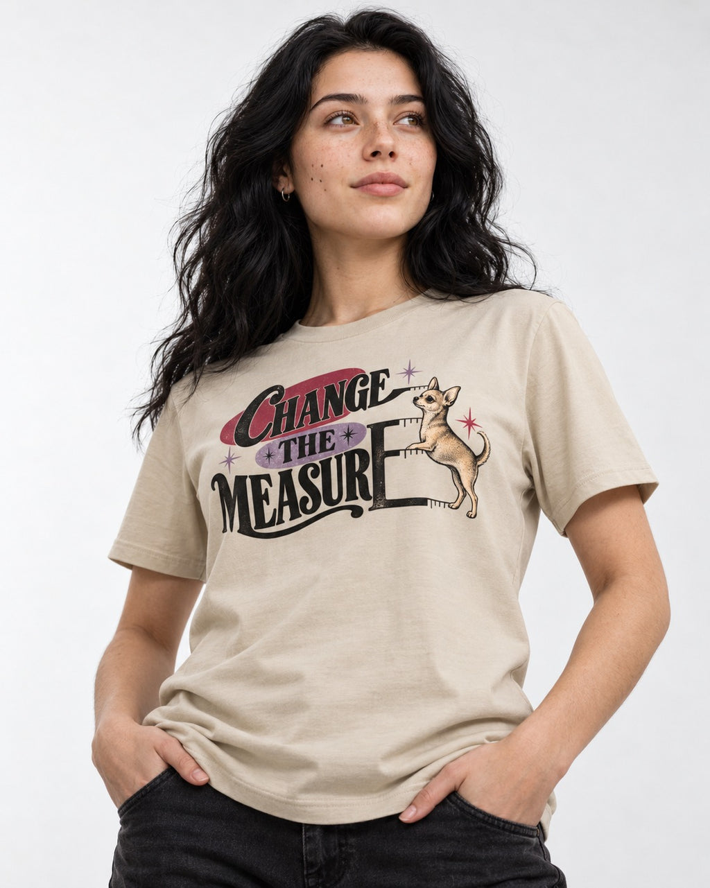 Change the Measure Chihuahua T-Shirt in Sand, worn by a model